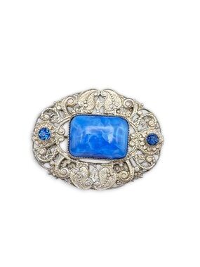 Vintage Czech  Blue Satin Art Glass & Rhinestone Filigree Brooch